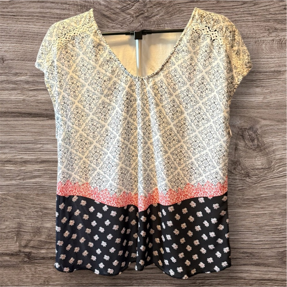 Maurices Lace Accent Blouse - Black, White, and Pink